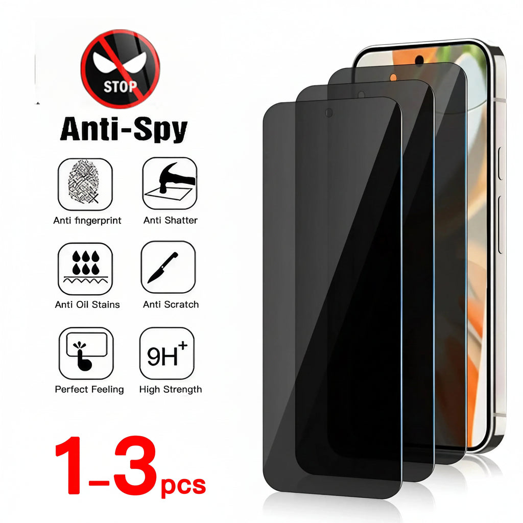 Three black tempered glass screen protectors shown in front of a smartphone on a white background, with promotional text reading 'Anti-Spy', feature icons for fingerprint/shatter/stains/scratch resistance, and '1-3pcs' in red. A small 'Choice' badge appears in the top right.