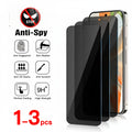 Three black tempered glass screen protectors shown in front of a smartphone on a white background, with promotional text reading 'Anti-Spy', feature icons for fingerprint/shatter/stains/scratch resistance, and '1-3pcs' in red. A small 'Choice' badge appears in the top right.