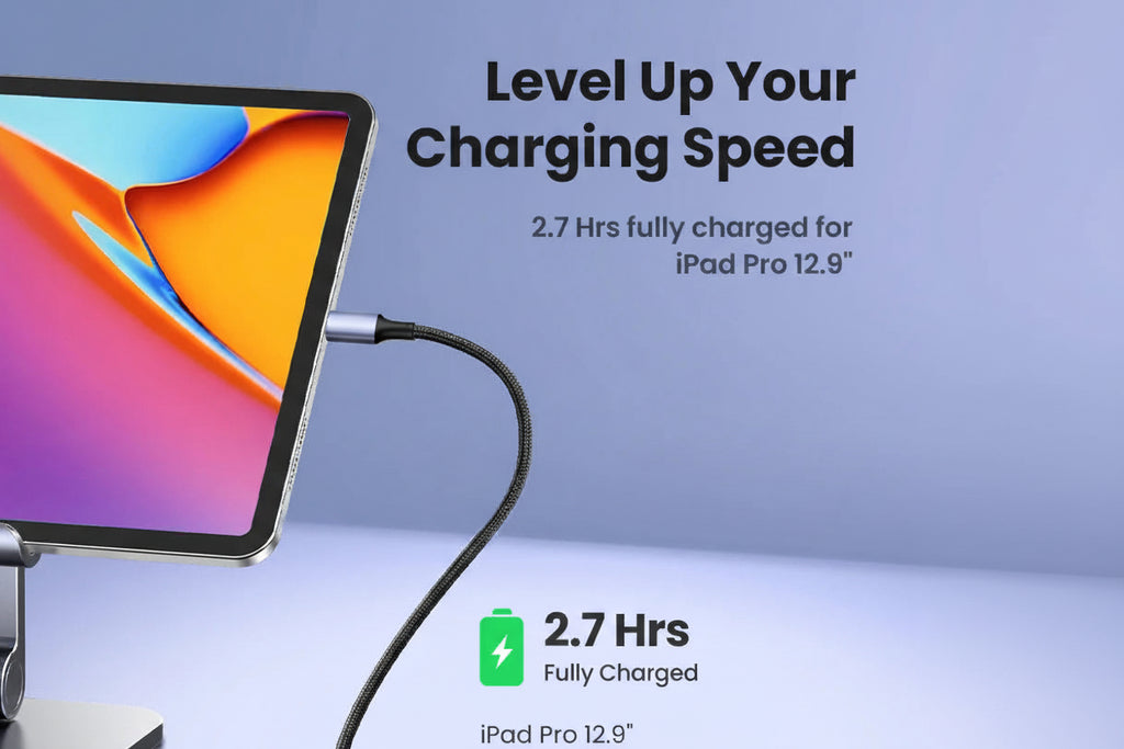 Advertisement for a charging cable for iPad Pro 12.9 with text about charging time.